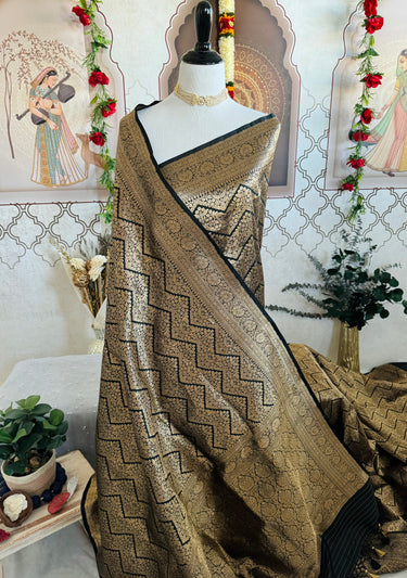 Banarasi Katan Brocade Pure Silk Saree | Black | Gold Zari | Handwoven | Silk Mark Certified | Ships from California
